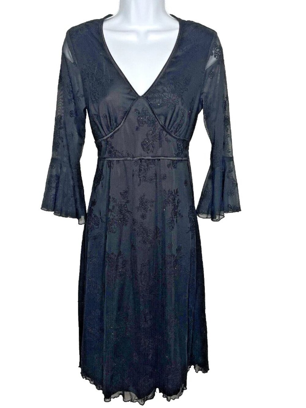 Vintage 90s New York Co Dress Sz S Sheer Black Glitter Velvet Rose Bell Sleeve